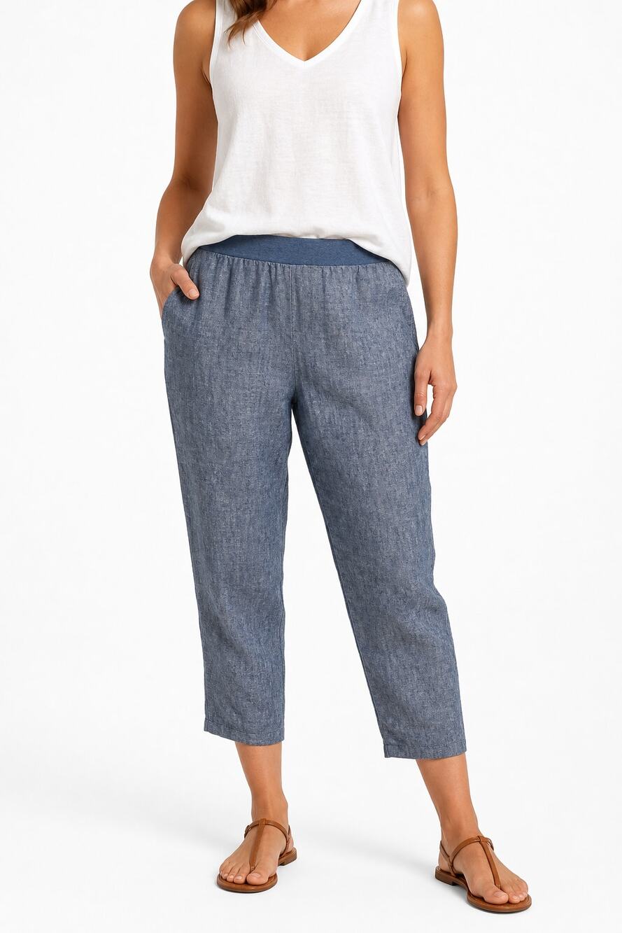 J.Jill Love Linen Women's Chambray Blue 100% Linen Cropped Pull On Pants M